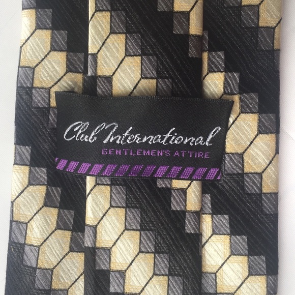 CLUB INTERNATIONAL Silk Tie and Pocket Square Black Gray Cream Geometric Stripes - Picture 6 of 10